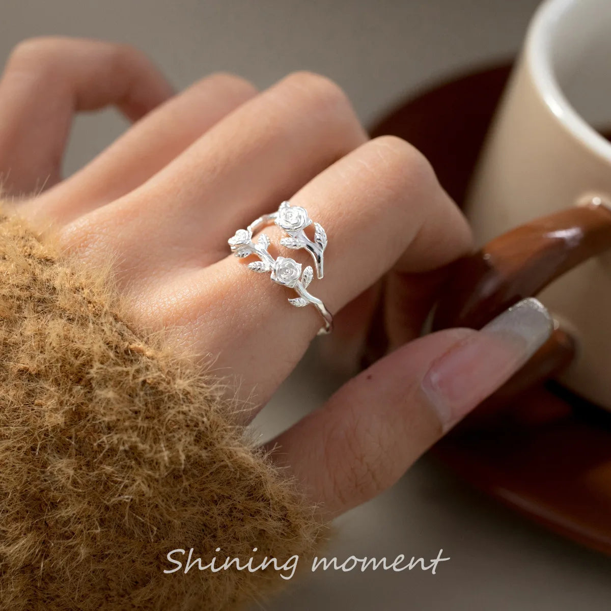Bague branche de rose argent 925