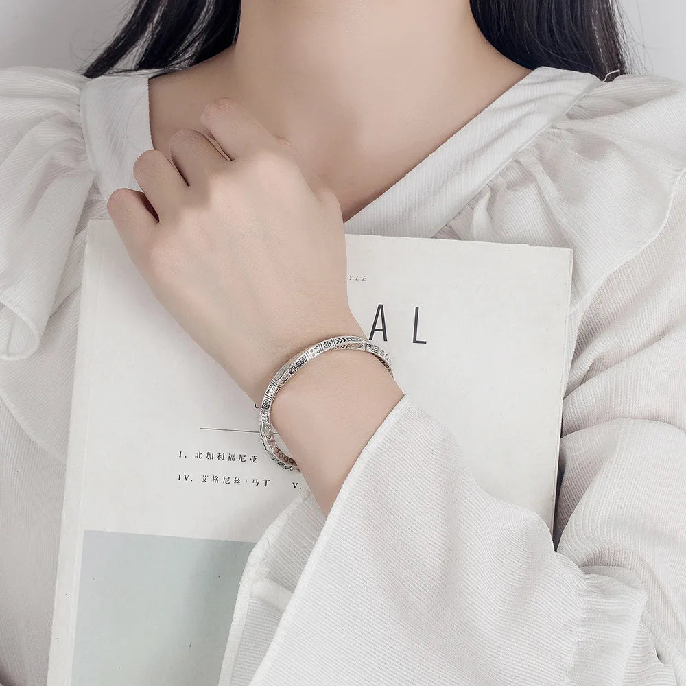 925 Silver Open Bangle, Geometric Totem