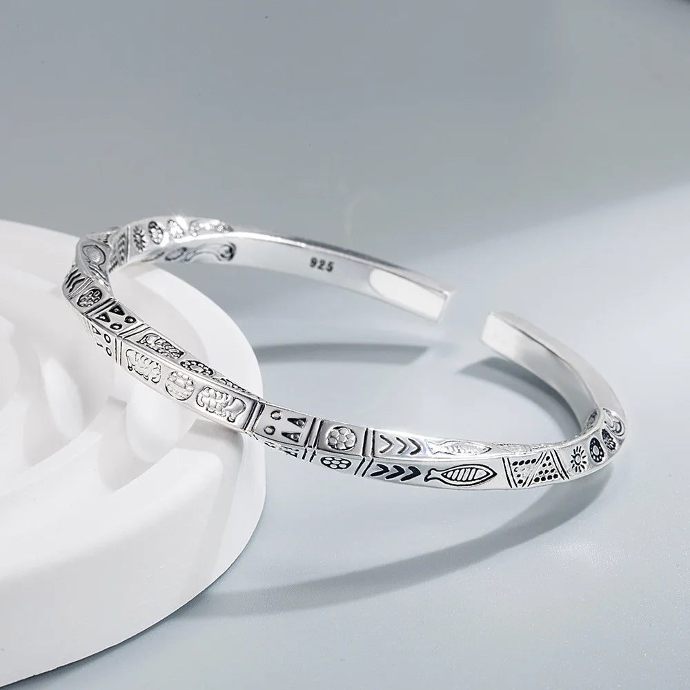 925 Silver Open Bangle, Geometric Totem