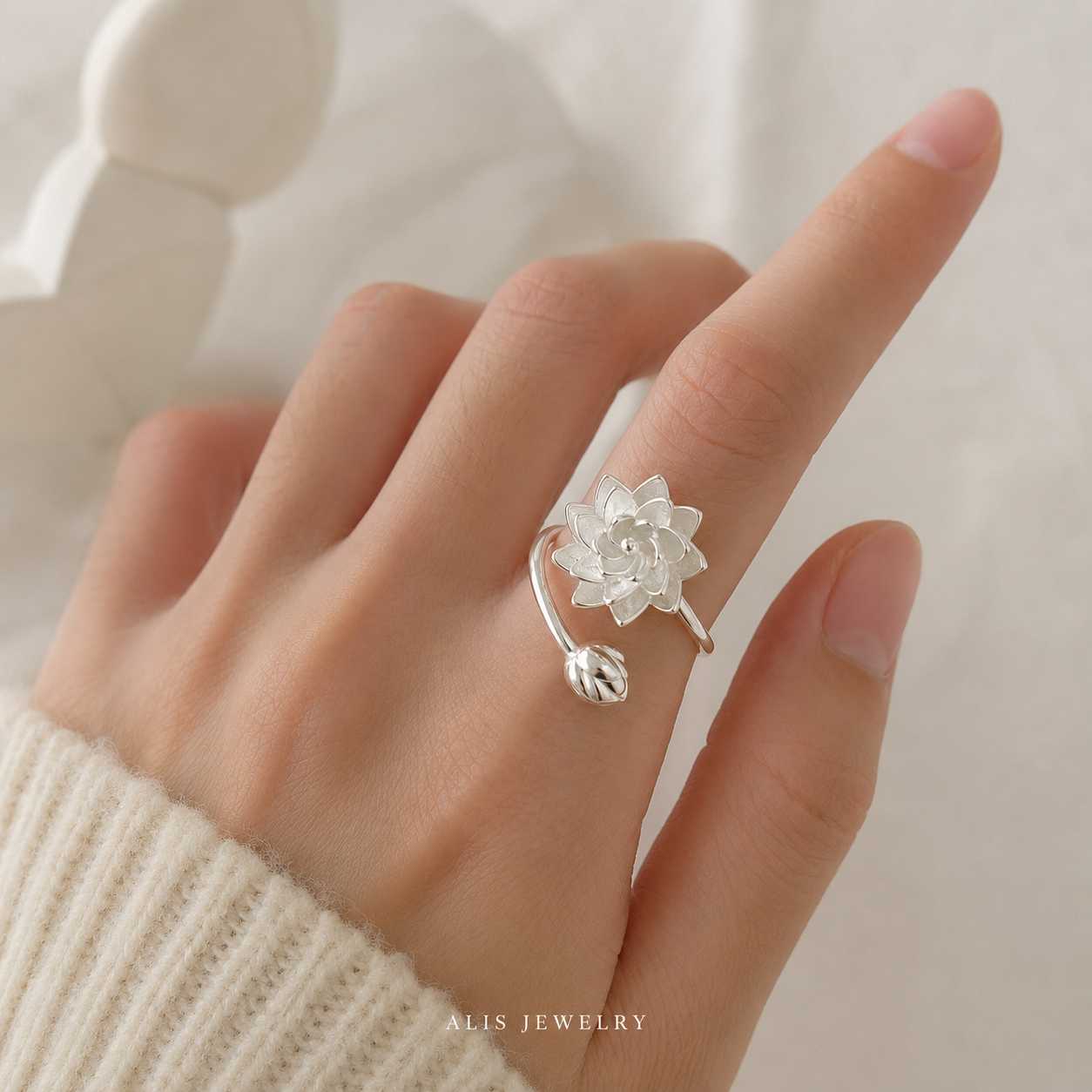 Bague lotus ajustable argent 925