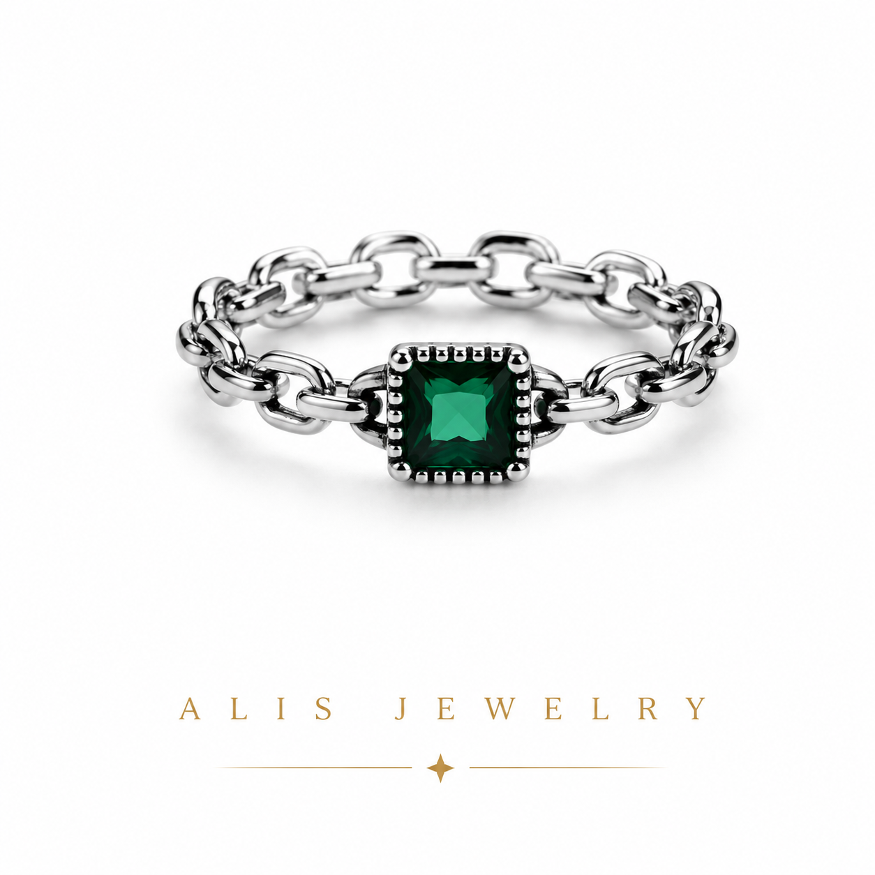 925 Silver Square Green Zircon Ring