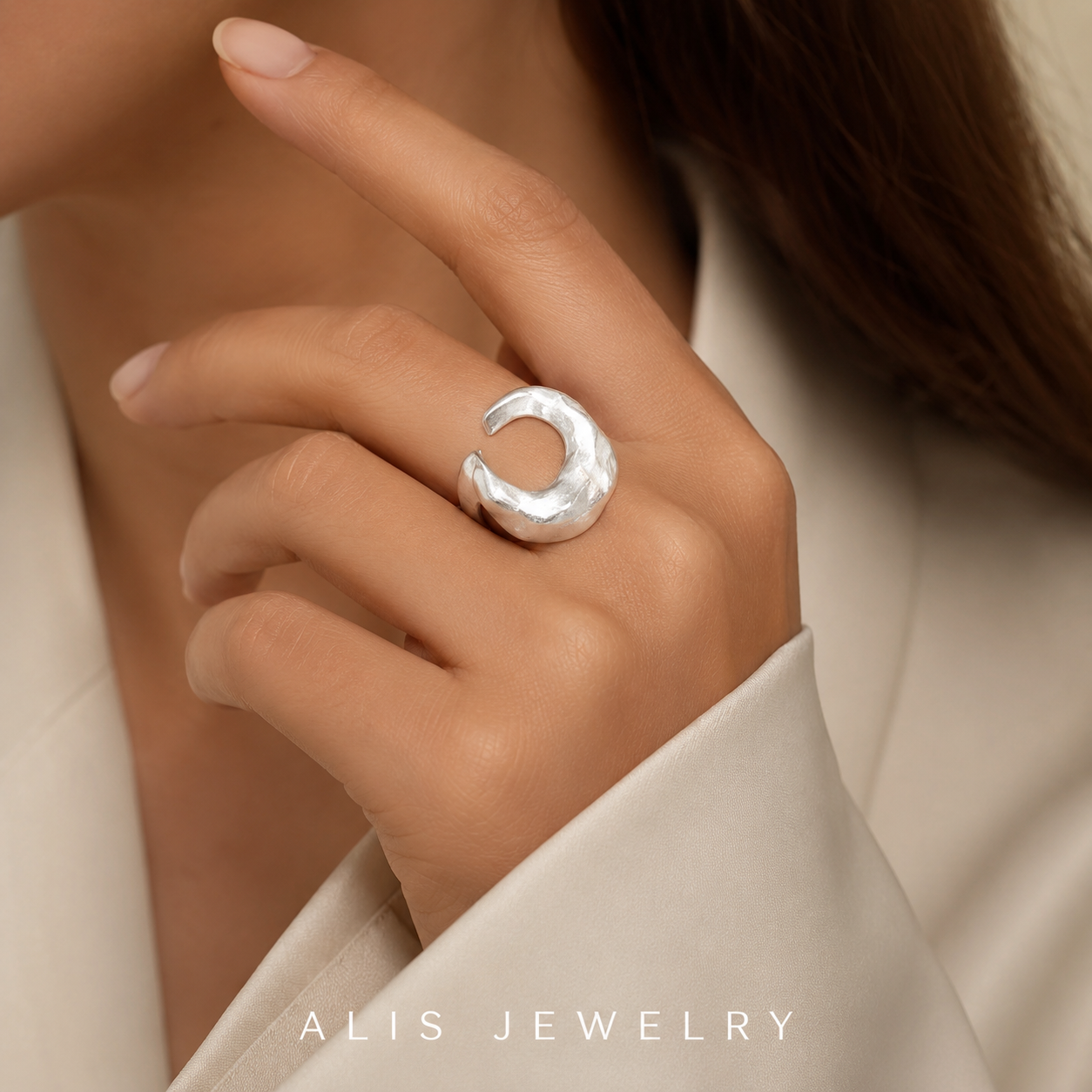 Bague lune ouverte mate argent 925