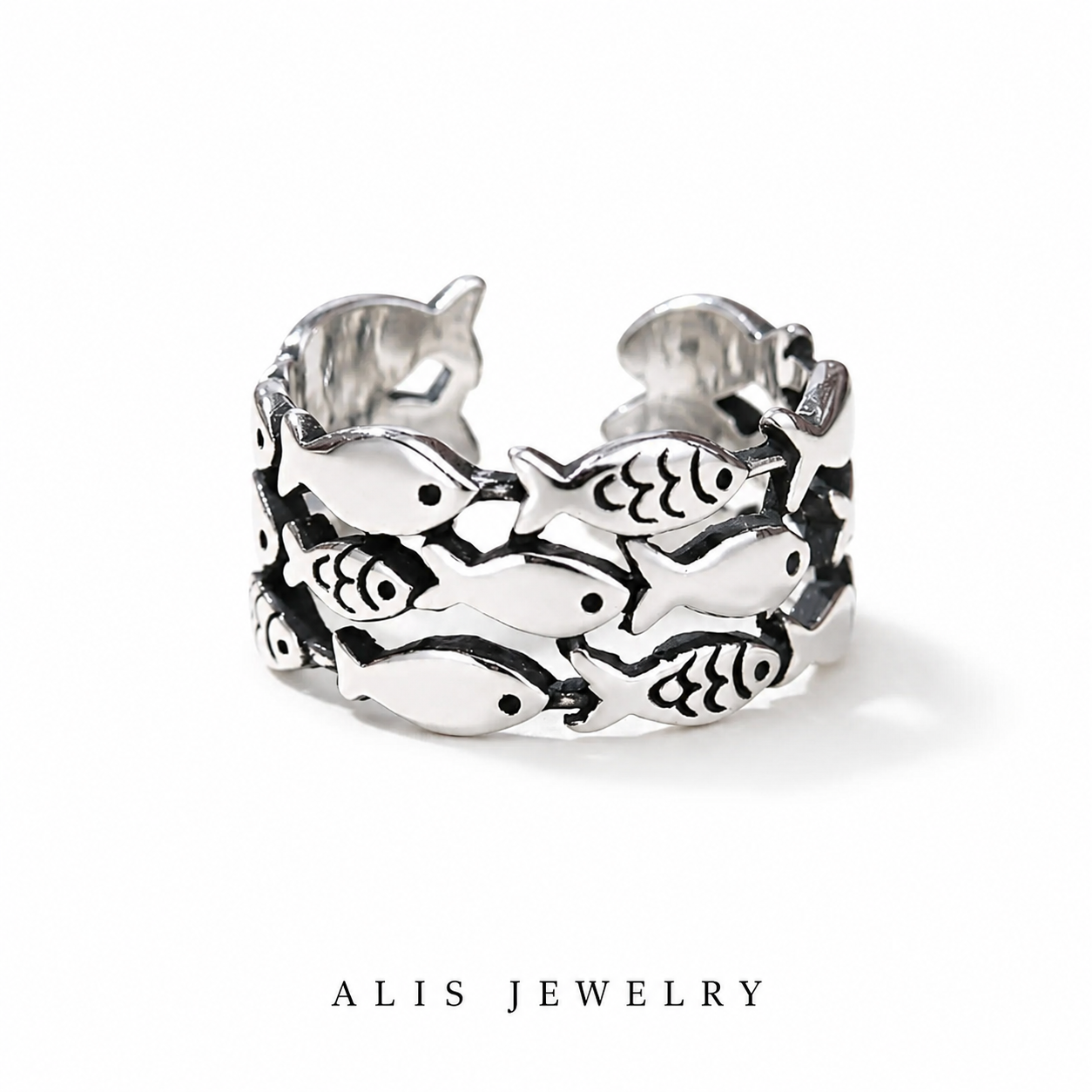 925 Silver Triple-Row Fish Ring
