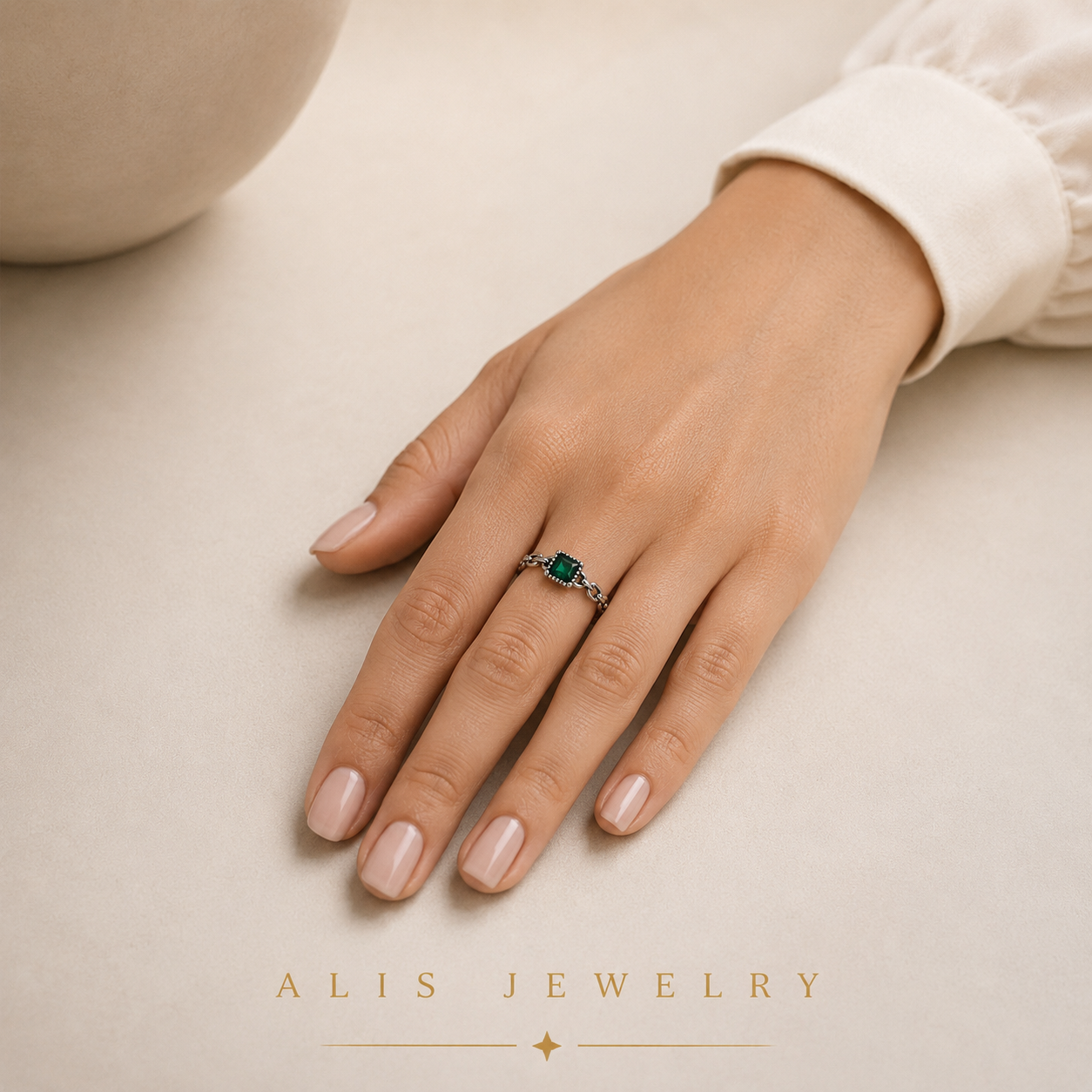 925 Silver Square Green Zircon Ring