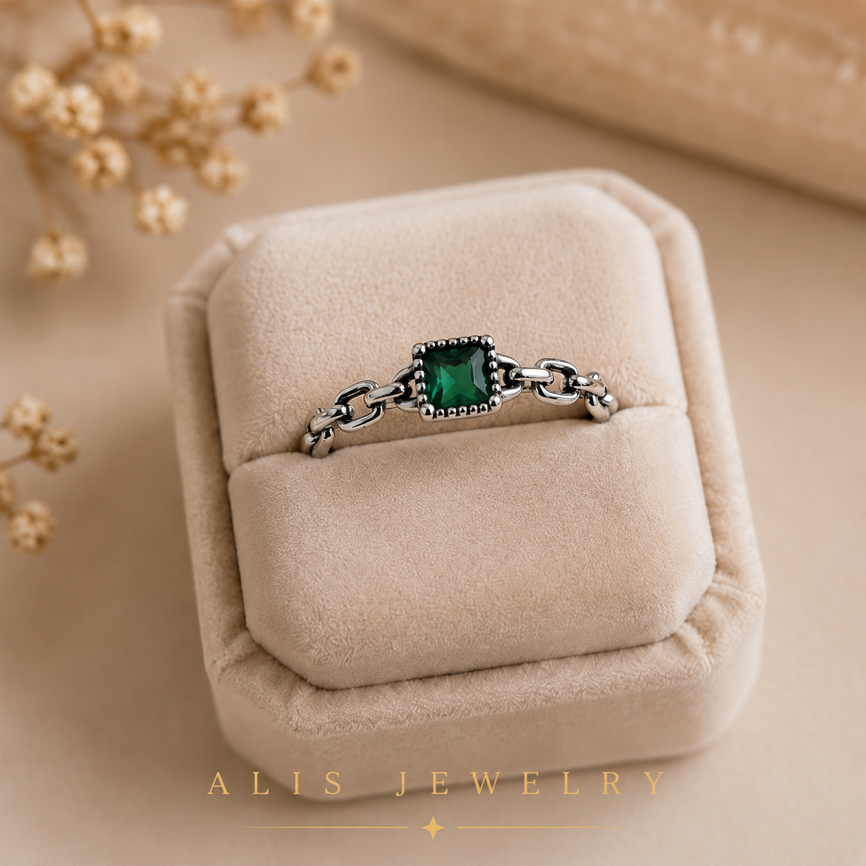 925 Silver Square Green Zircon Ring