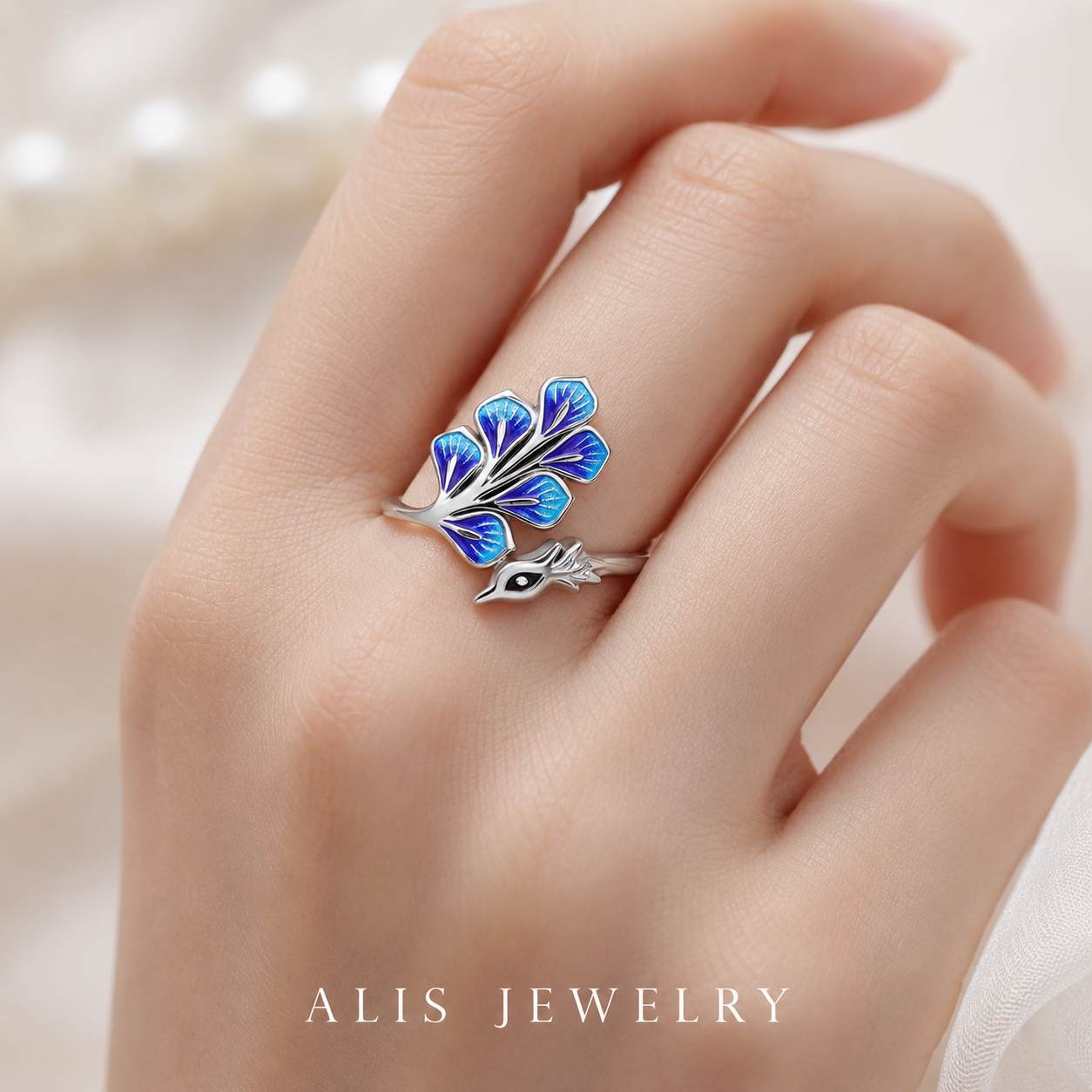 Bague paon bleu argent 925