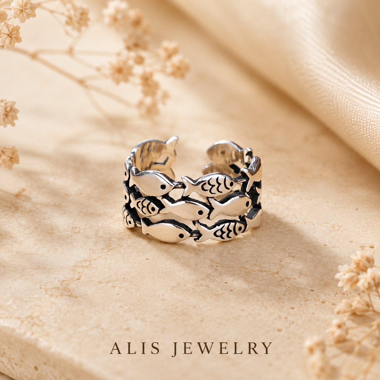 925 Silver Triple-Row Fish Ring