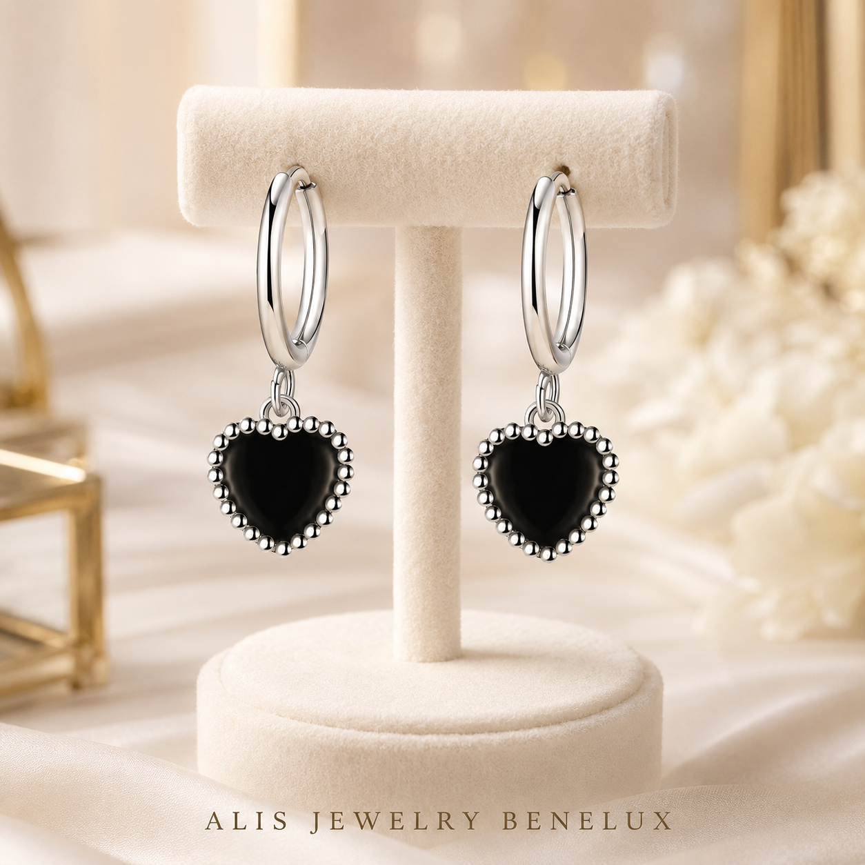 925 Silver Black Heart Earrings