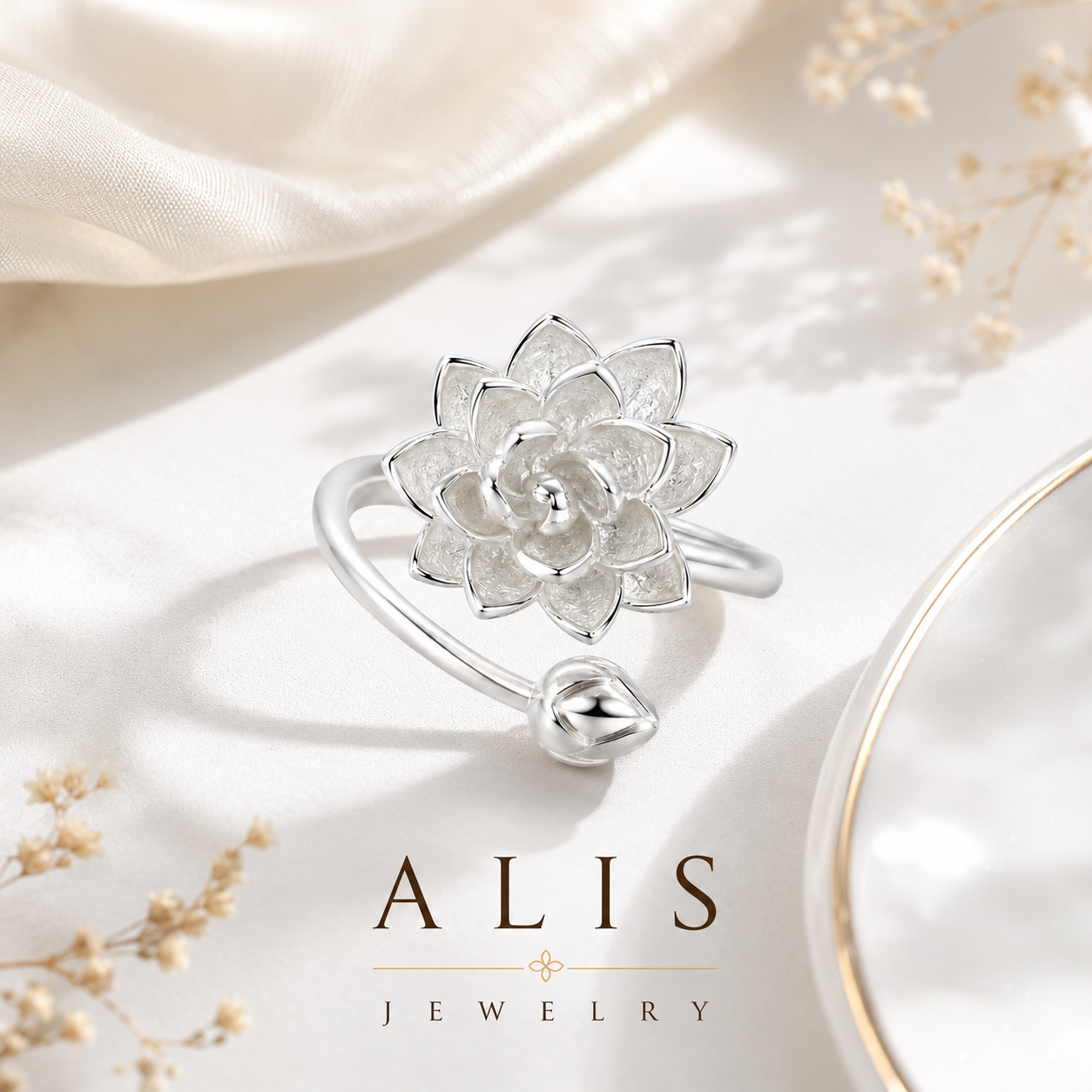 Bague lotus ajustable argent 925