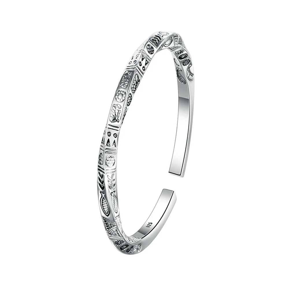 925 Silver Open Bangle, Geometric Totem