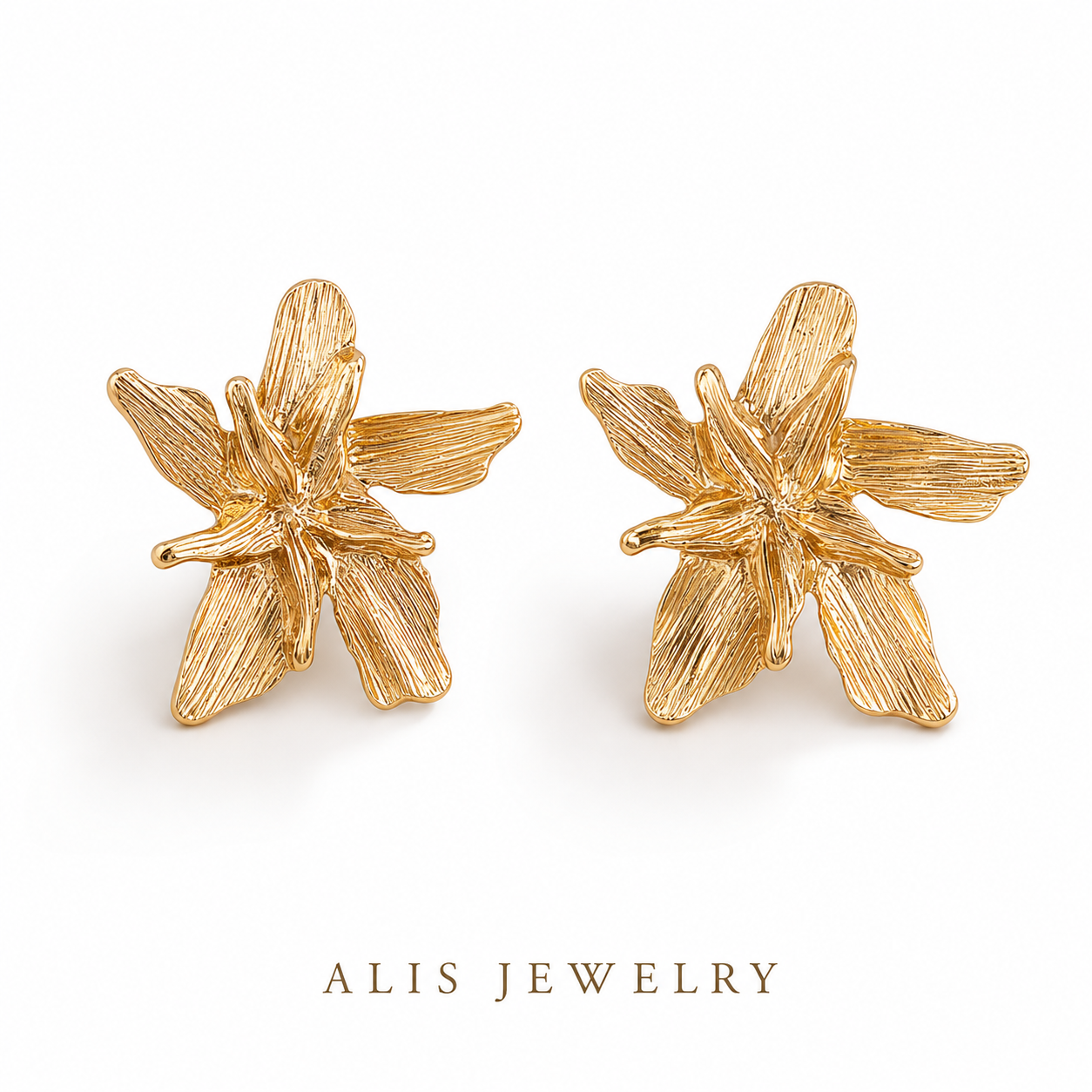 Bague et boucles fleur - Alis Jewelry - boucles dorées - fond blanc