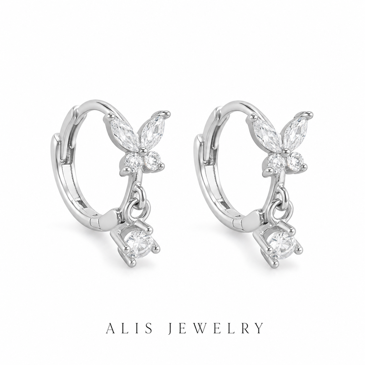 Boucles d'oreilles papillon zircon argent 925 - Alis Jewelry - fond blanc