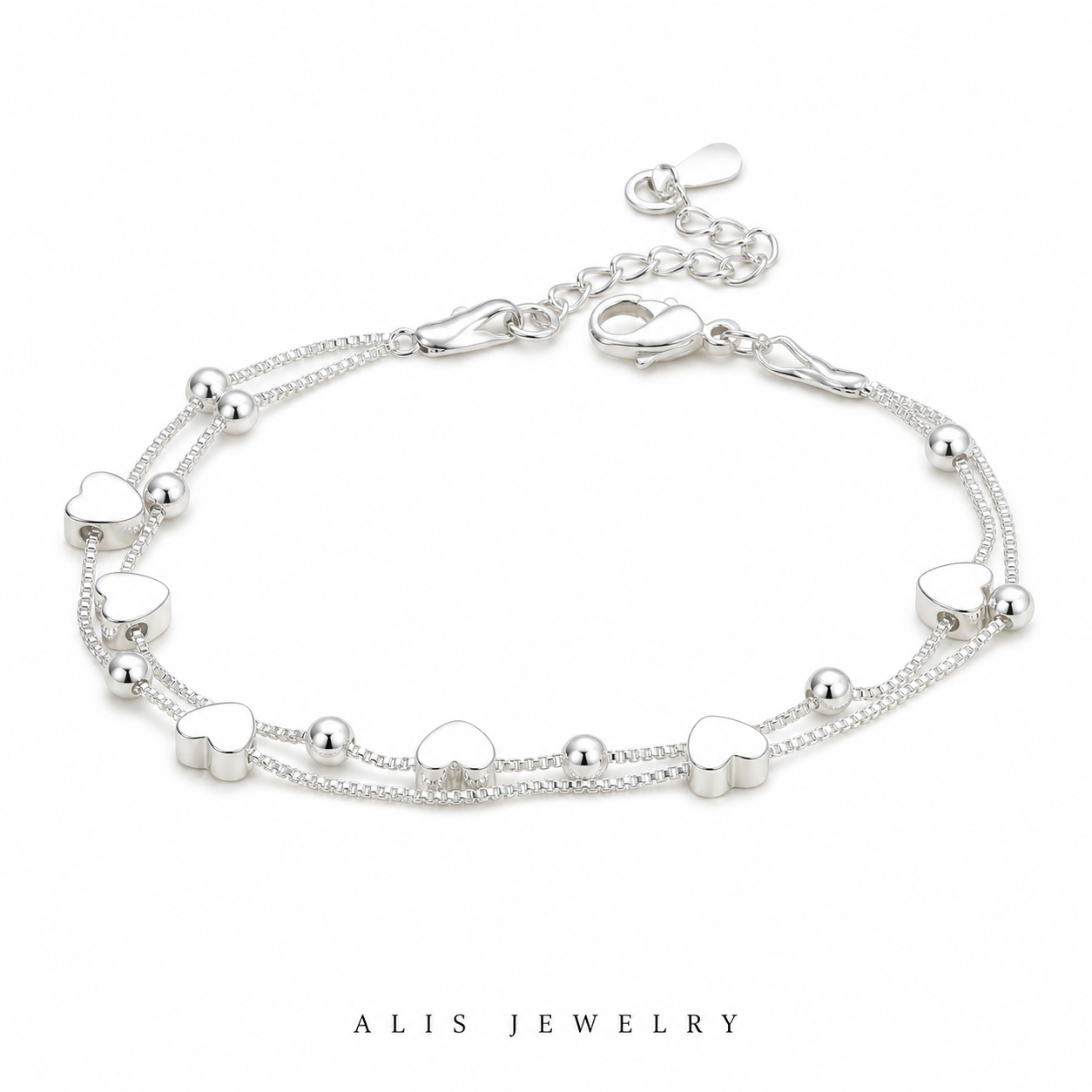 Bracelet chaîne cœur boule couple argent 925 - Alis Jewelry - fond blanc