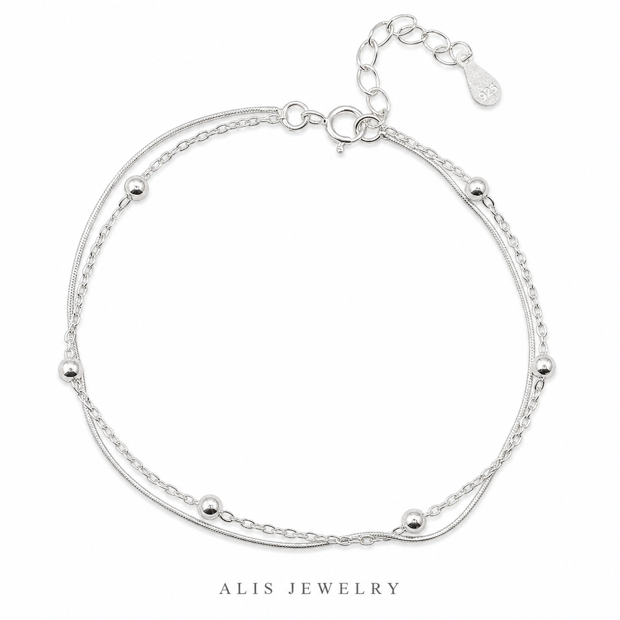 Bracelet boule double rang porte-bonheur argent 925 - Alis Jewelry - fond blanc