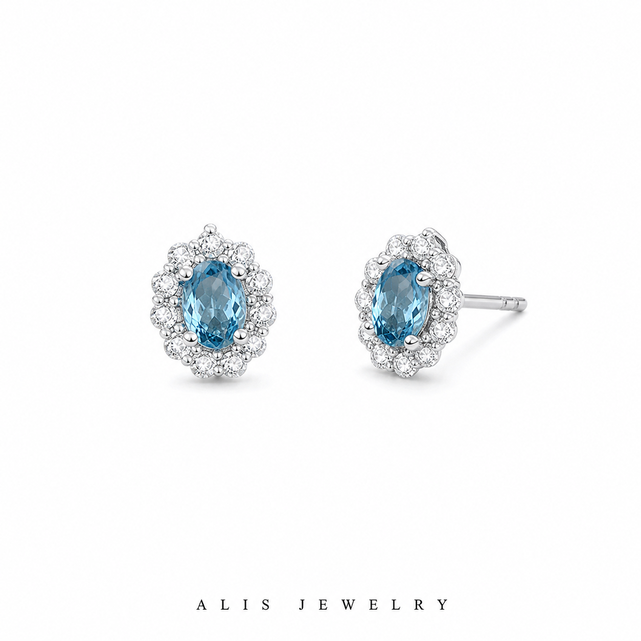 boucles d'oreilles fleur zircon bleu argent 925 - Alis Jewelry - fond blanc