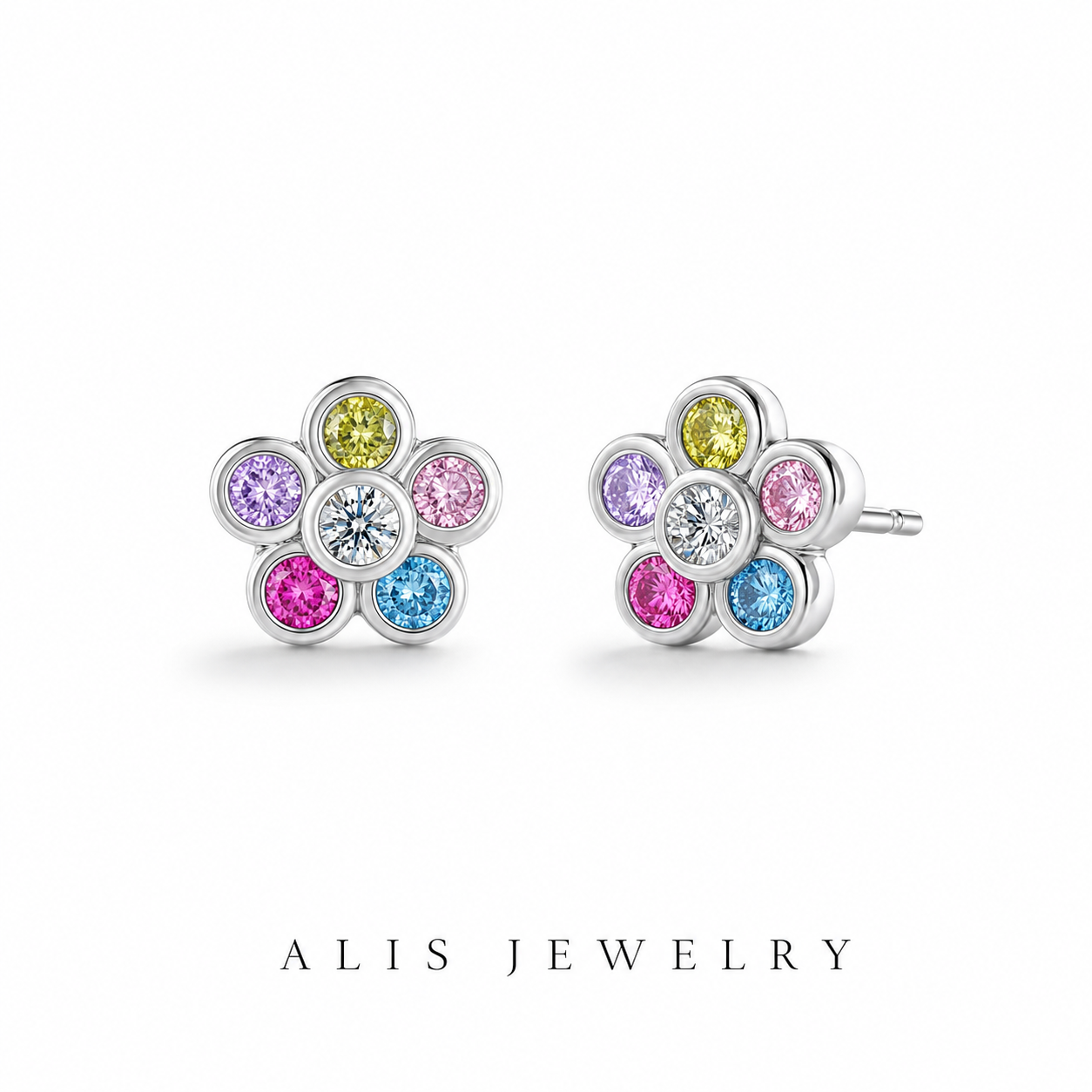 boucles d'oreilles zircon arc-en-ciel argent 925 - Alis Jewelry - fond blanc