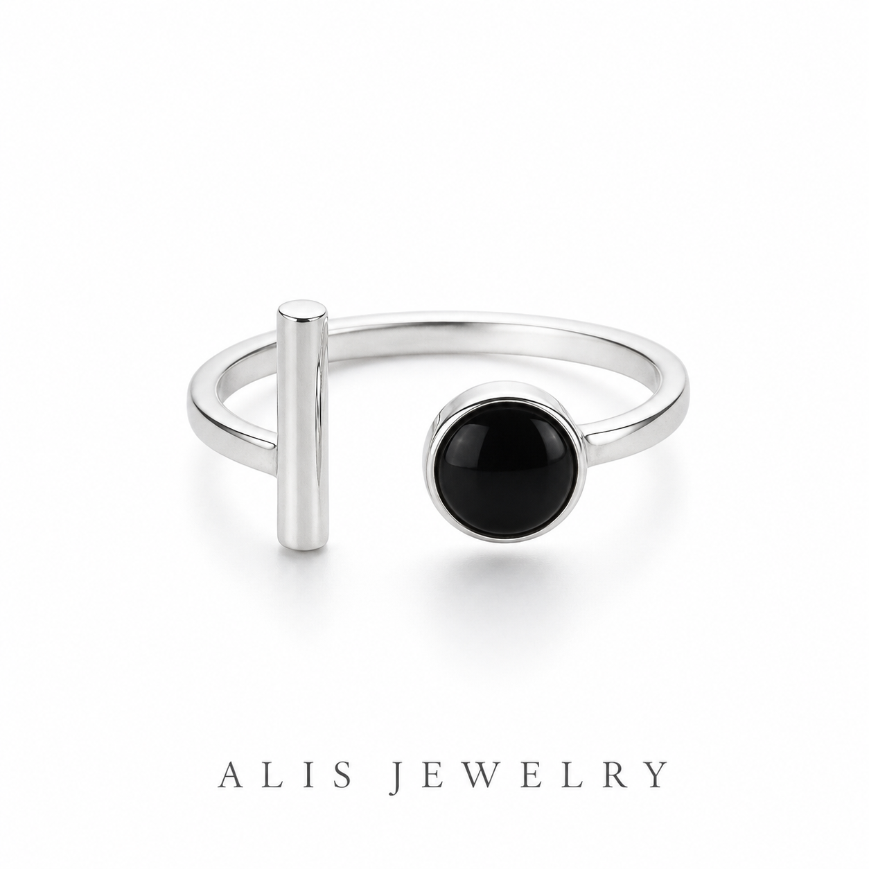 bague ronde noire ouverte argent 925 - Alis Jewelry - fond blanc