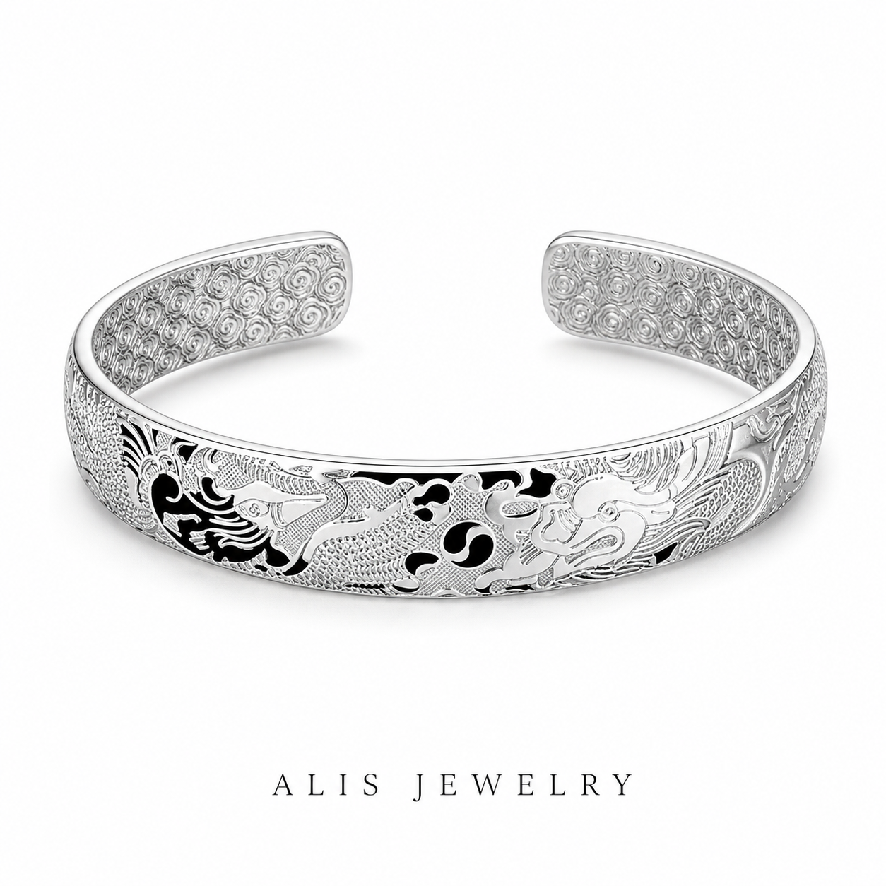 bracelet manchette dragon phénix argent 925 - Alis Jewelry - fond blanc