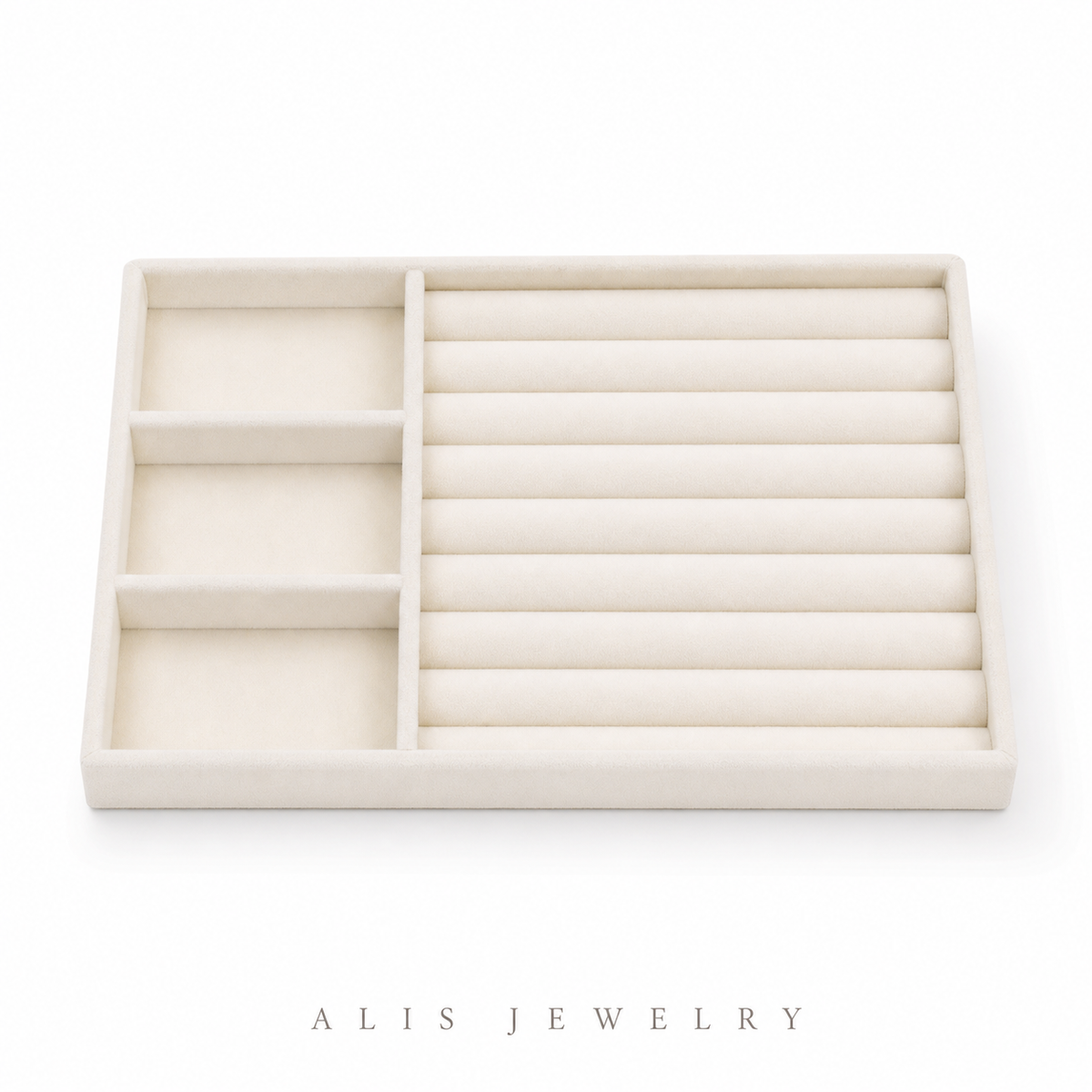 Plateau bijoux velours — Multi-compartiments - Alis Jewelry - fond blanc