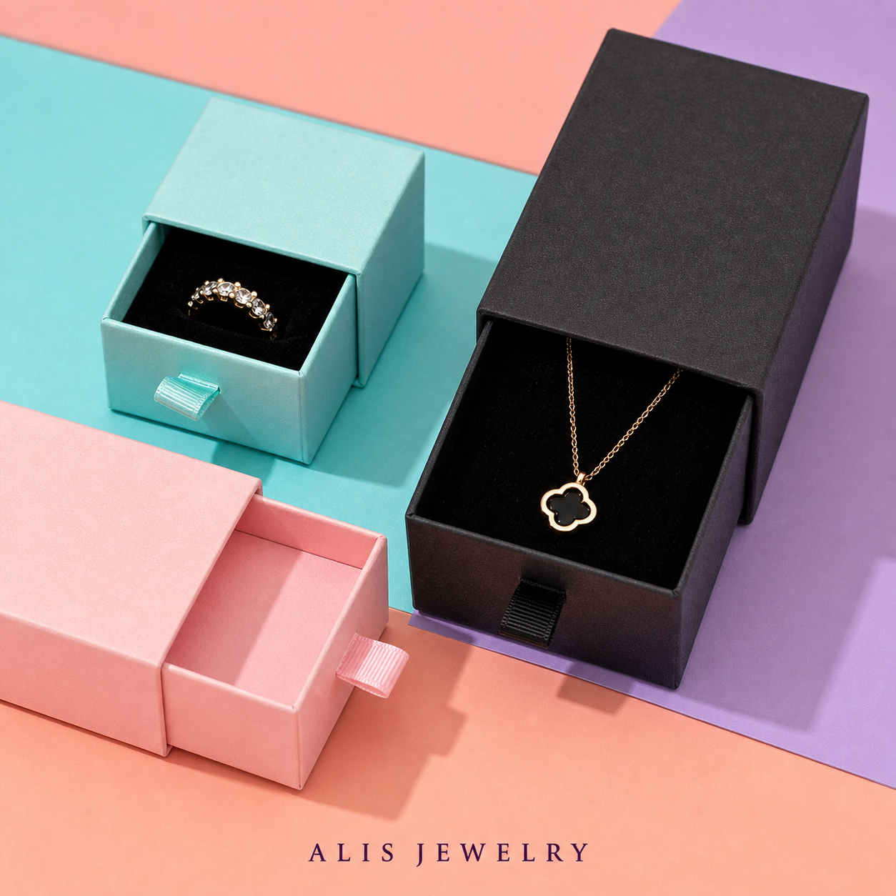 boîtes à bijoux colorées - Alis Jewelry - gros plan / zoom