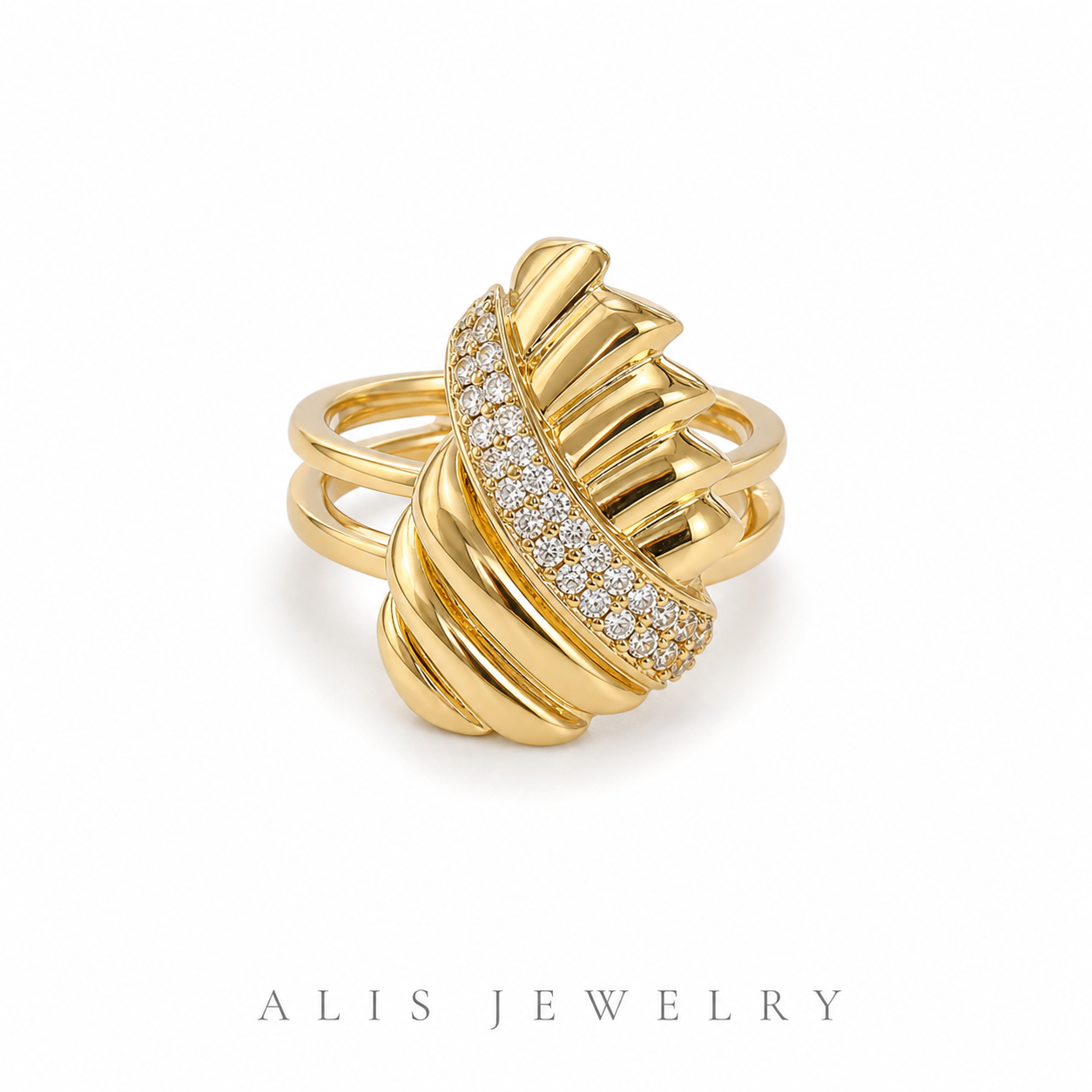 Parure nuptiale Dubaï plaqué or - Alis Jewelry - modèle Tressée - bague - fond blanc