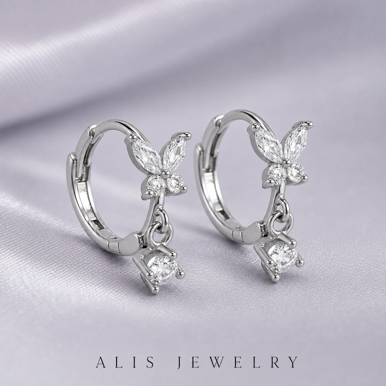 Boucles d'oreilles papillon zircon argent 925 - Alis Jewelry - gros plan / zoom