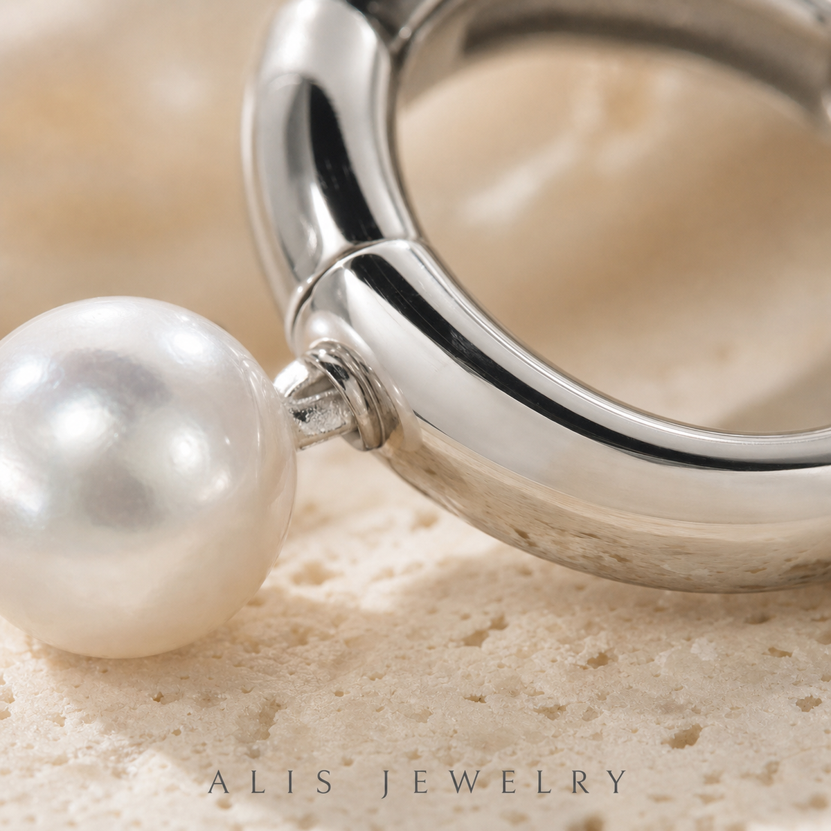Boucles d'oreilles anneau perlé argent 925 - Alis Jewelry - gros plan / zoom