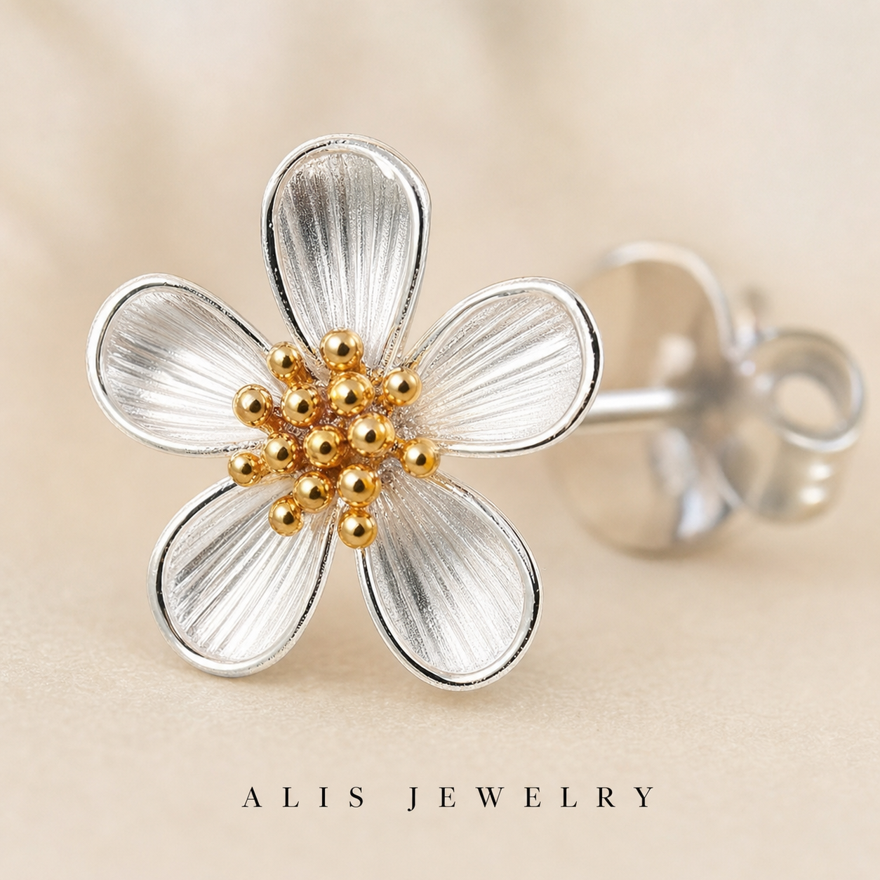 boucles d'oreilles fleur simple argent 925 - Alis Jewelry - gros plan / zoom