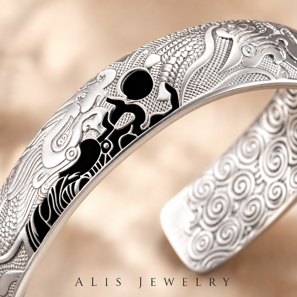 bracelet manchette dragon phénix argent 925 - Alis Jewelry - gros plan / zoom