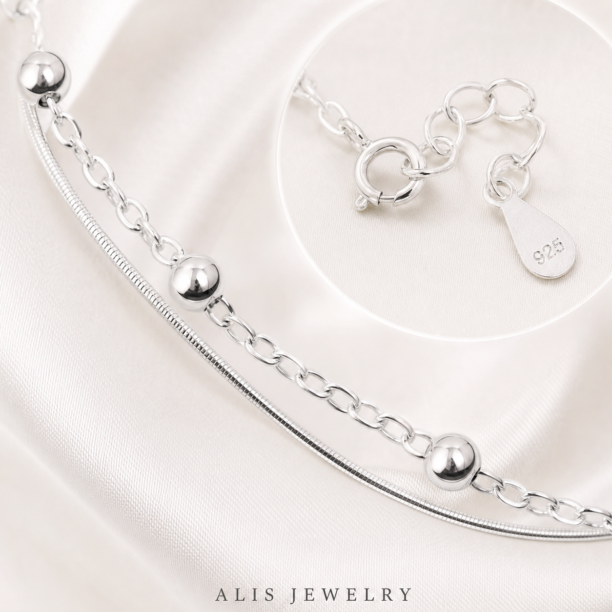 Bracelet boule double rang porte-bonheur argent 925 - Alis Jewelry - gros plan / zoom