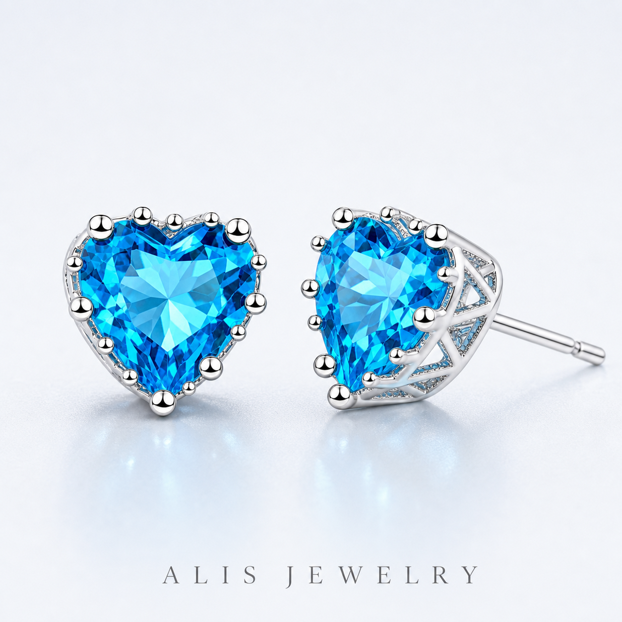 Boucles d'oreilles cœur zircon bleu argent 925 - Alis Jewelry - gros plan / zoom