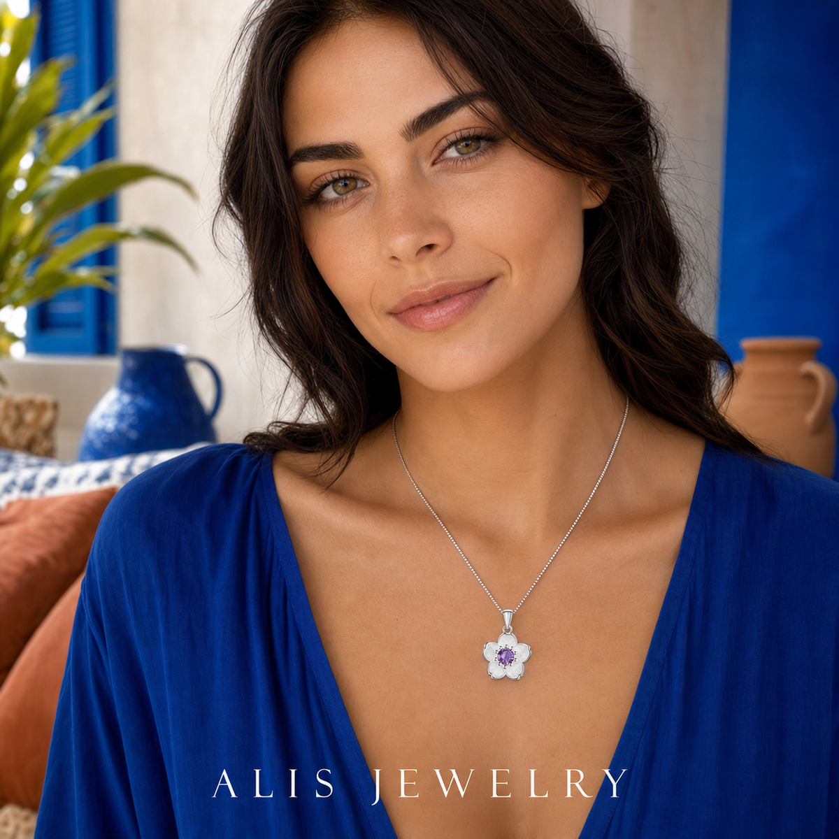 Collier fleur argent 925 - Alis Jewelry - porté mannequin