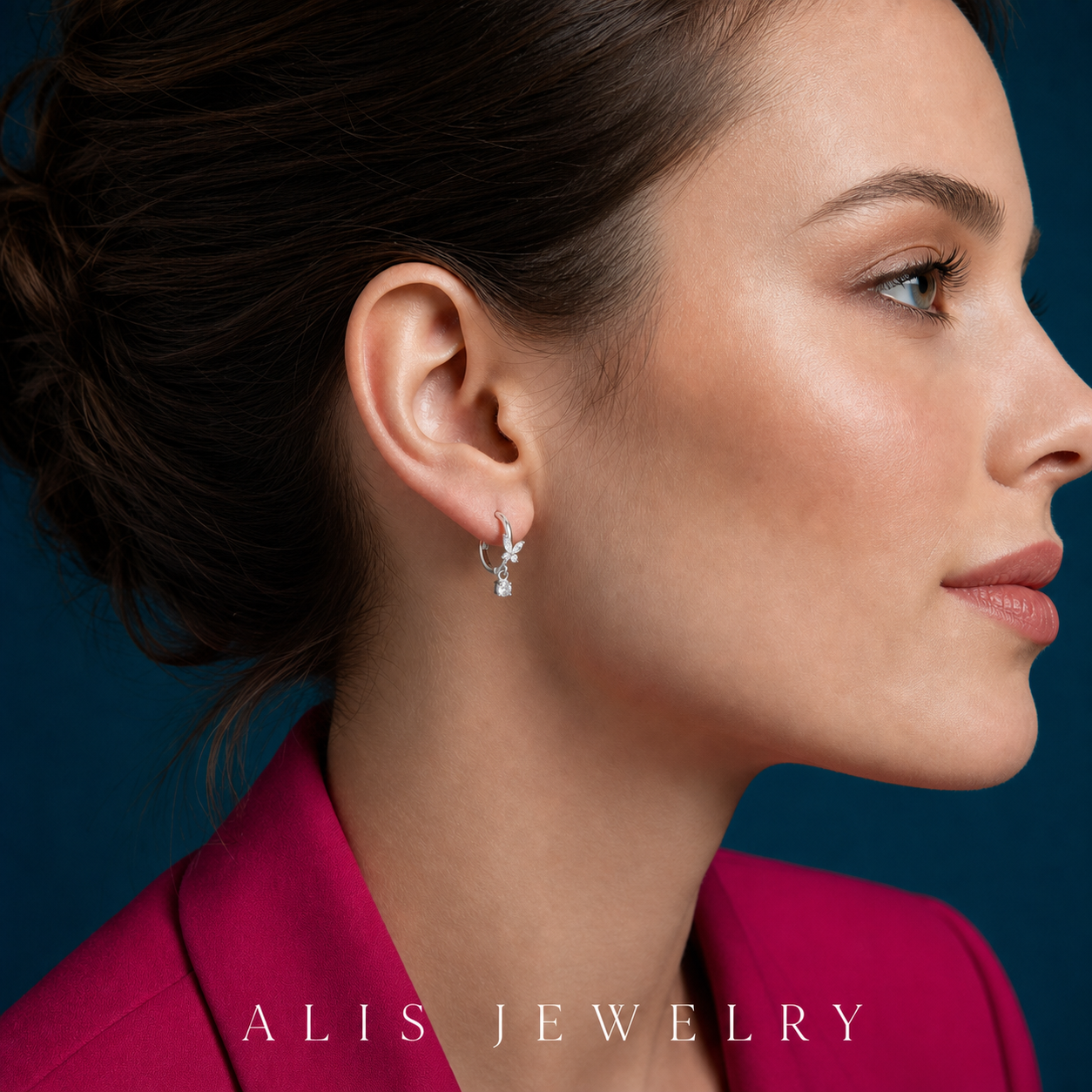 Boucles d'oreilles papillon zircon argent 925 - Alis Jewelry - porté mannequin