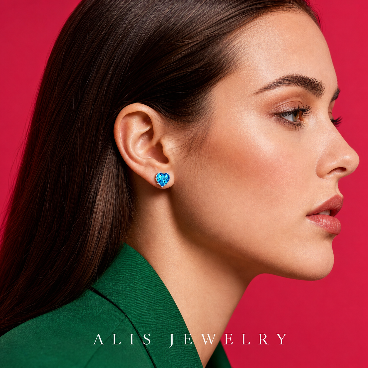 Boucles d'oreilles cœur zircon bleu argent 925 - Alis Jewelry - porté mannequin