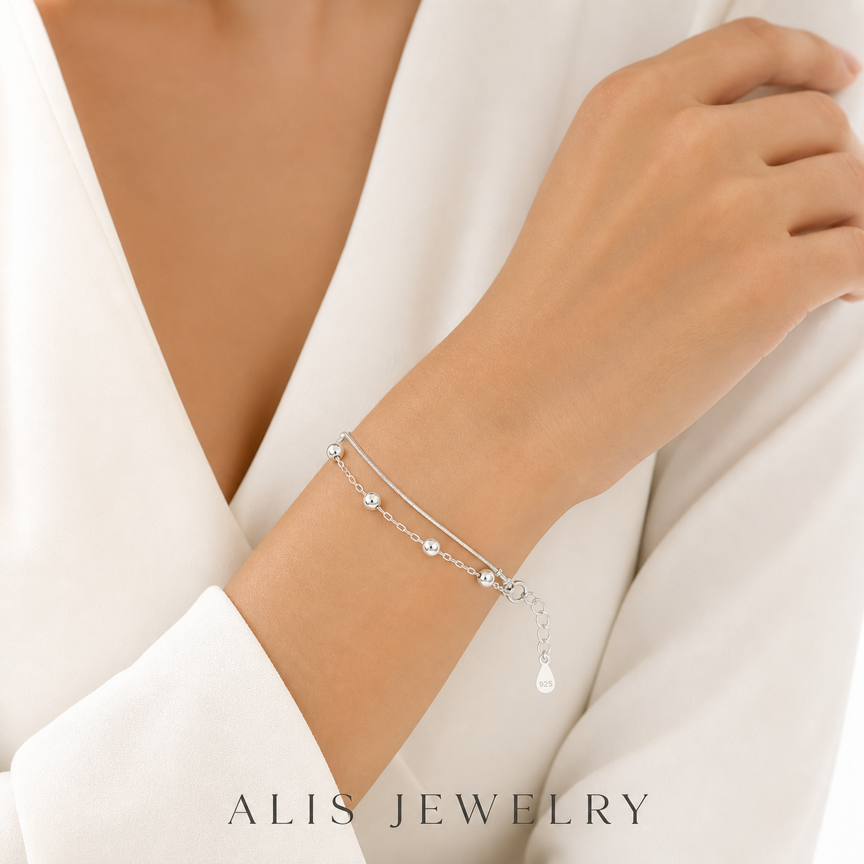 Bracelet boule double rang porte-bonheur argent 925 - Alis Jewelry - porté mannequin