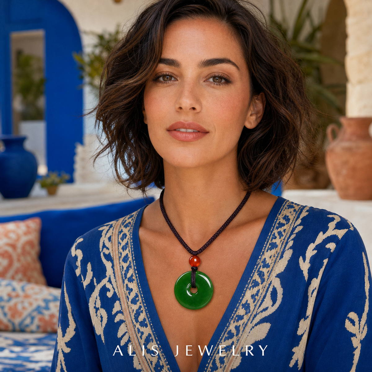 Collier pendentif jade naturel - Alis Jewelry - porté mannequin