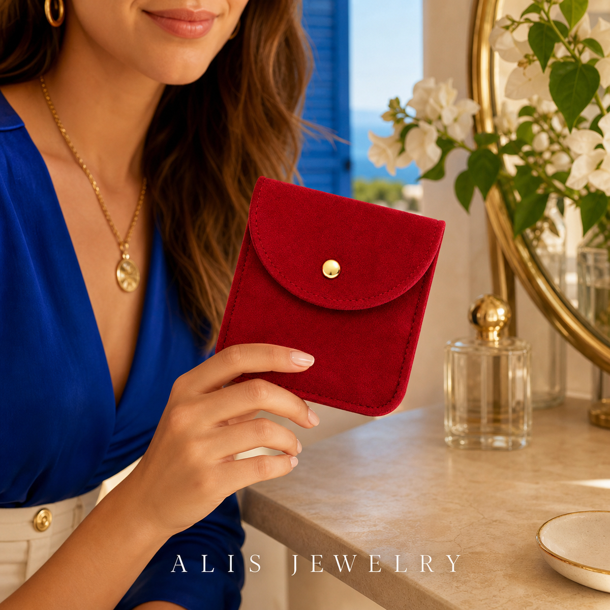 Pochette velours bijoux bouton pression - Alis Jewelry - porté mannequin
