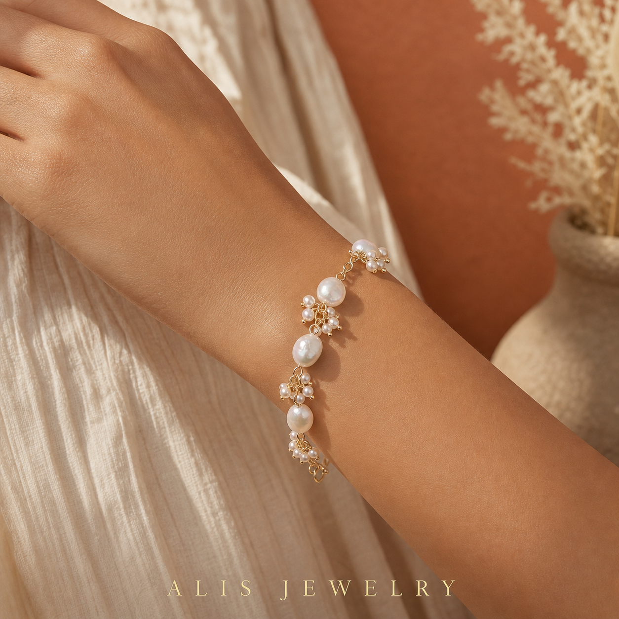 Bracelet perles baroques plaqué or - Alis Jewelry - porté mannequin