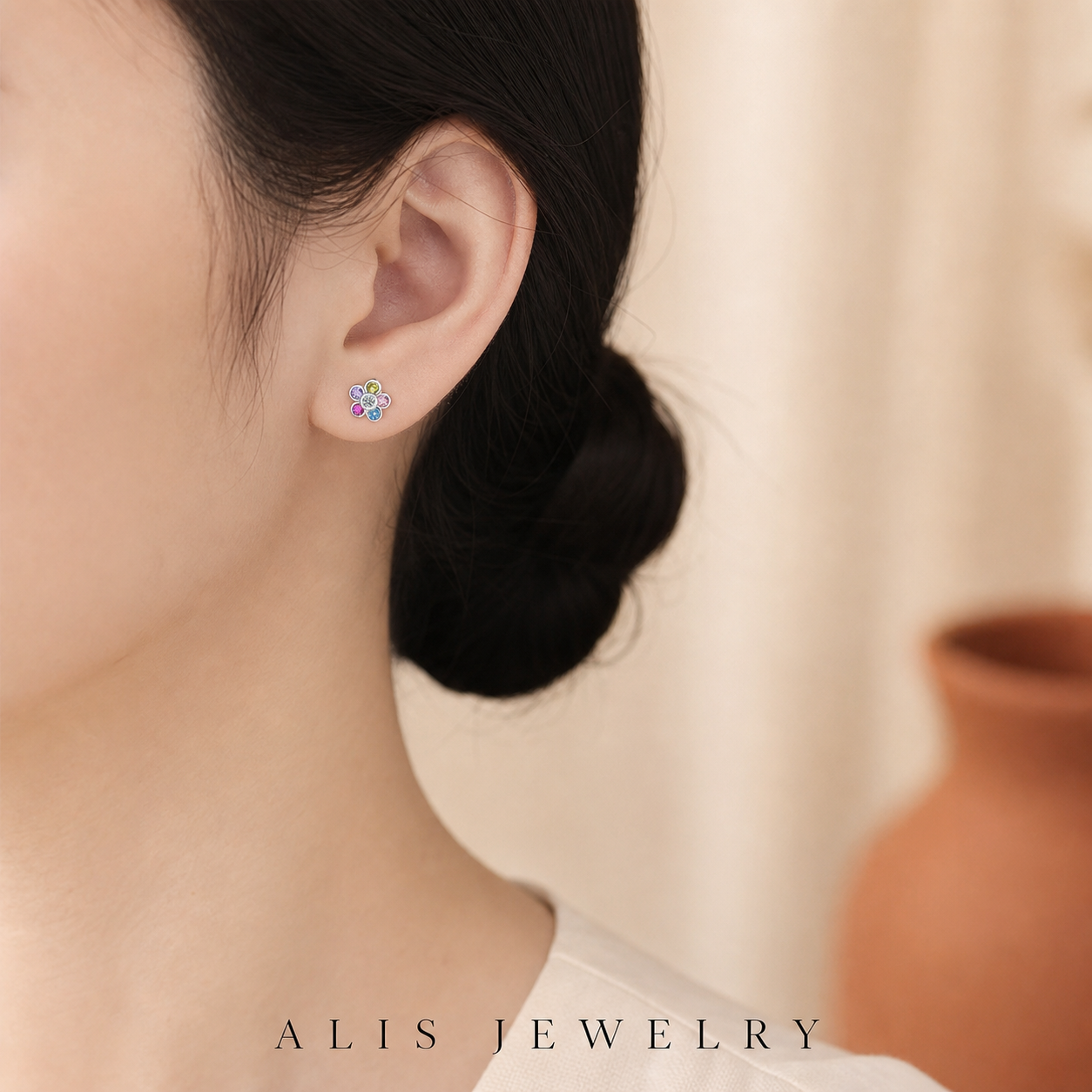 boucles d'oreilles zircon arc-en-ciel argent 925 - Alis Jewelry - porté mannequin