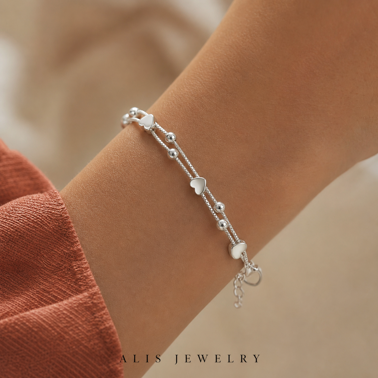 Bracelet chaîne cœur boule couple argent 925 - Alis Jewelry - porté mannequin