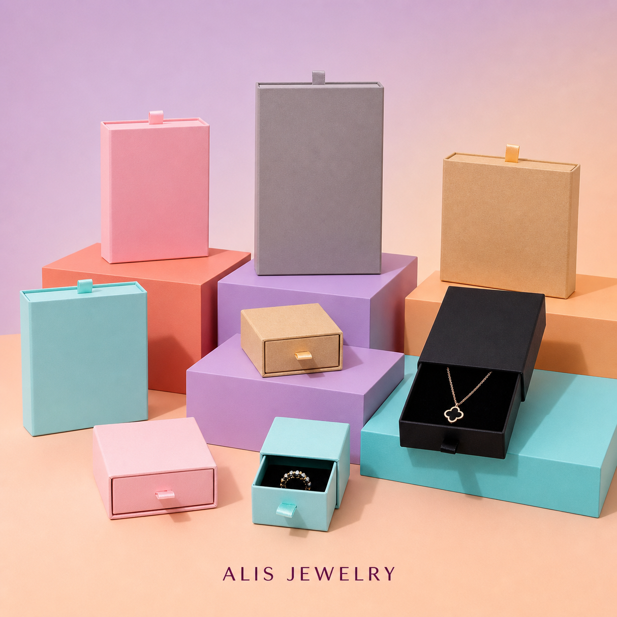 boîtes à bijoux colorées - Alis Jewelry - sur support minéral