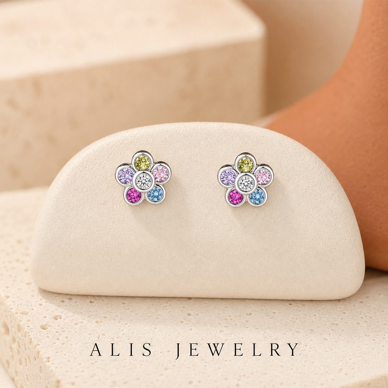boucles d'oreilles zircon arc-en-ciel argent 925 - Alis Jewelry - sur support minéral