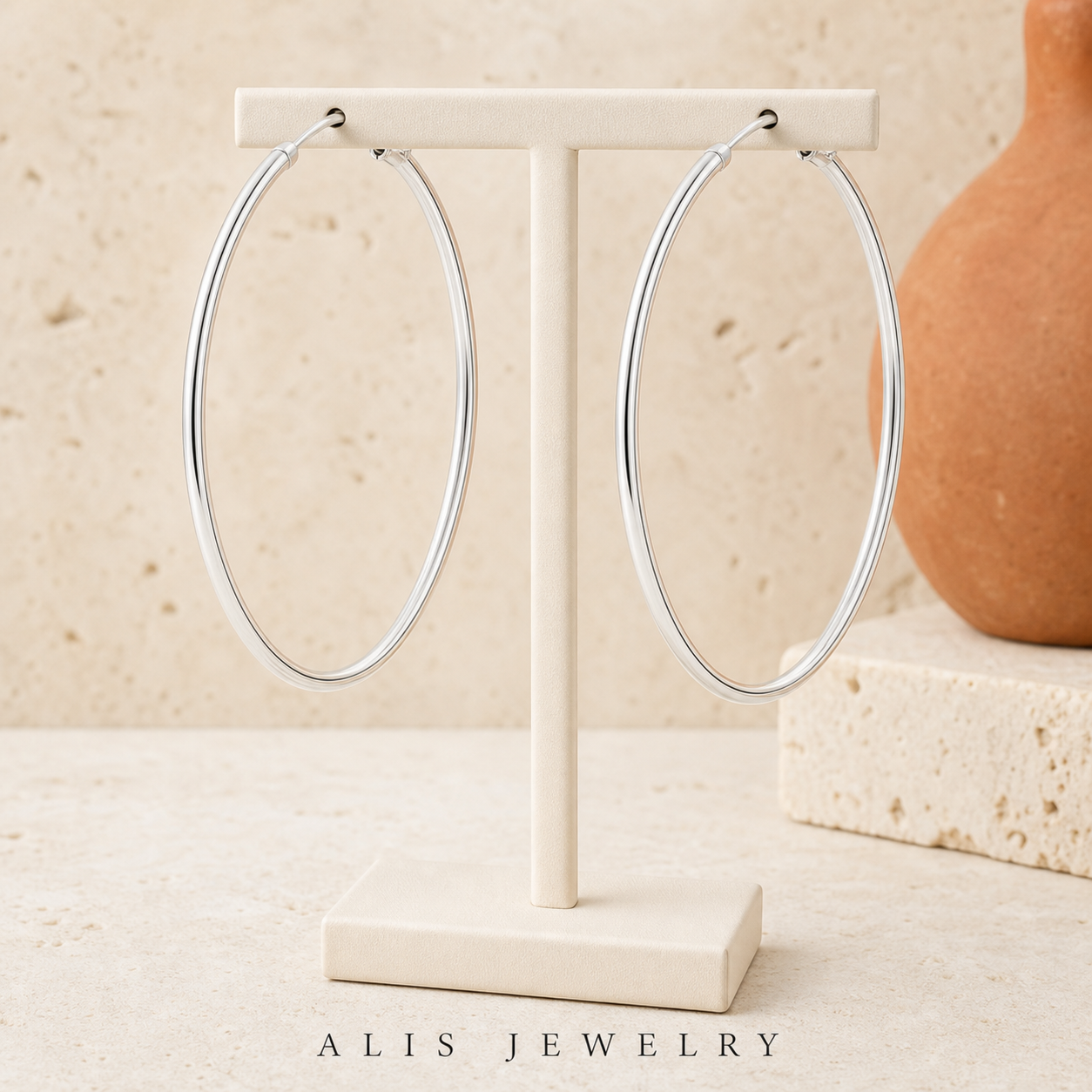 Créoles fines argent - Alis Jewelry - sur support minéral
