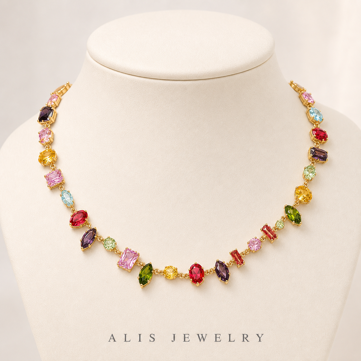 Parure arc-en-ciel plaqué or - Alis Jewelry - Collier plaqué or - sur support minéral