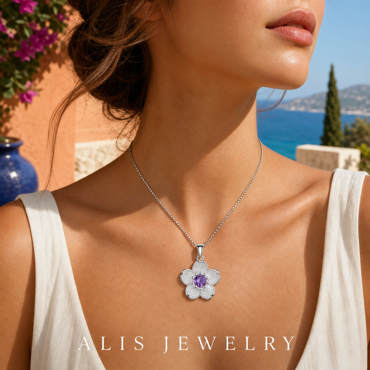Collier fleur argent 925 - Alis Jewelry - réseaux sociaux