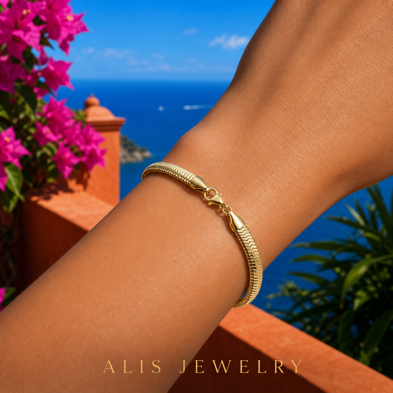 bracelet chaîne serpent acier doré - Alis Jewelry - réseaux sociaux