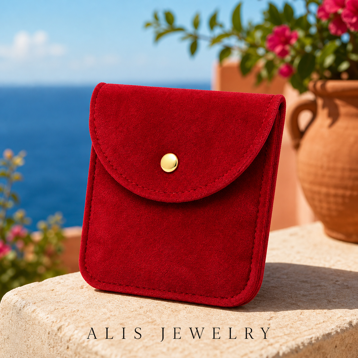 Pochette velours bijoux bouton pression - Alis Jewelry - réseaux sociaux