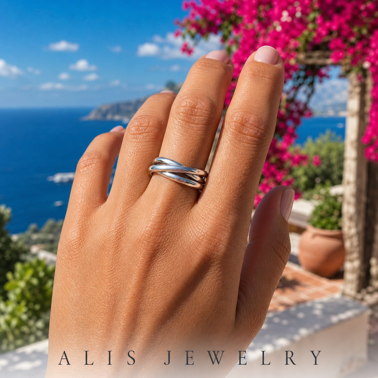 Bague trois anneaux ronds empilables argent 925 - Alis Jewelry - réseaux sociaux