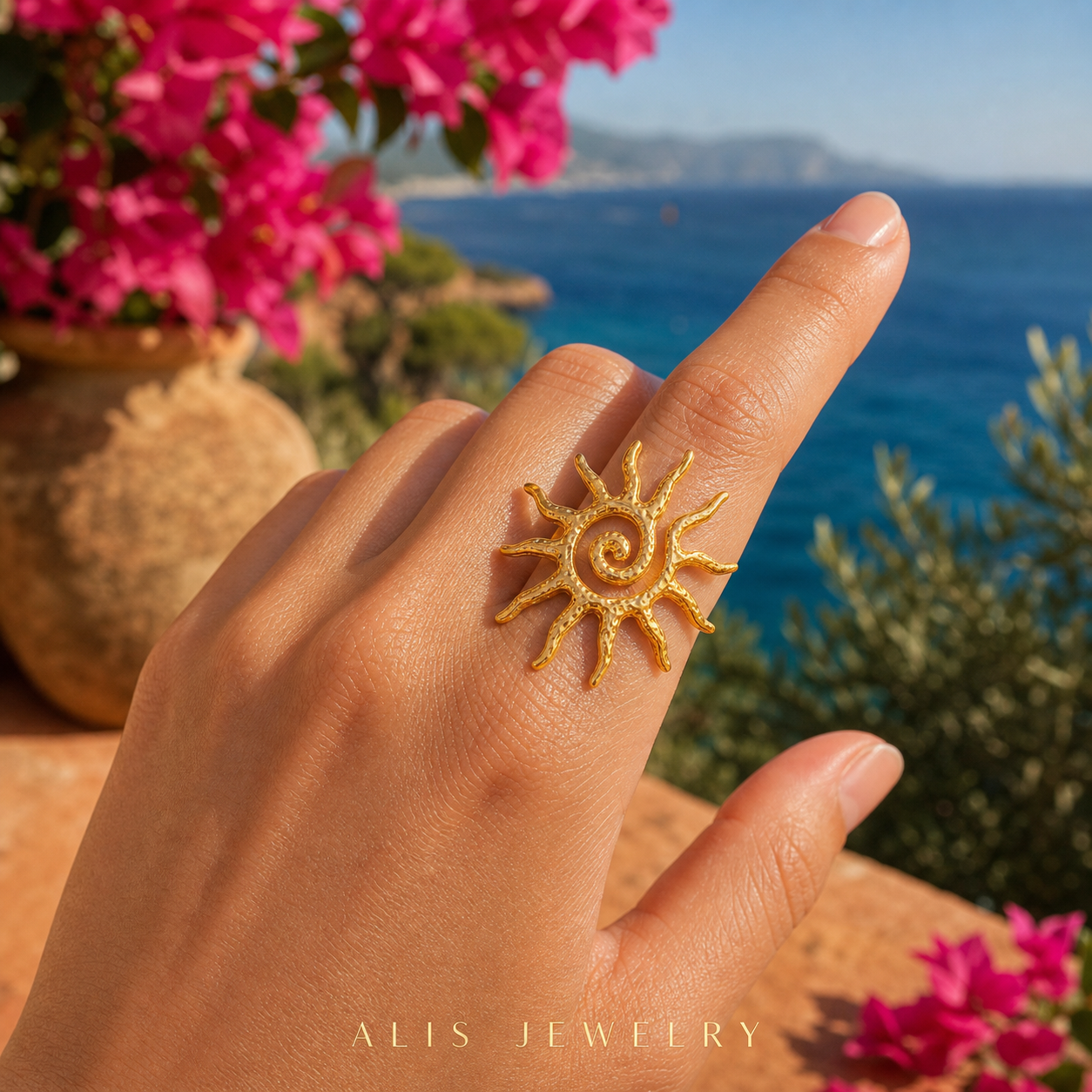 Bague soleil ajustable dorée - Alis Jewelry - réseaux sociaux