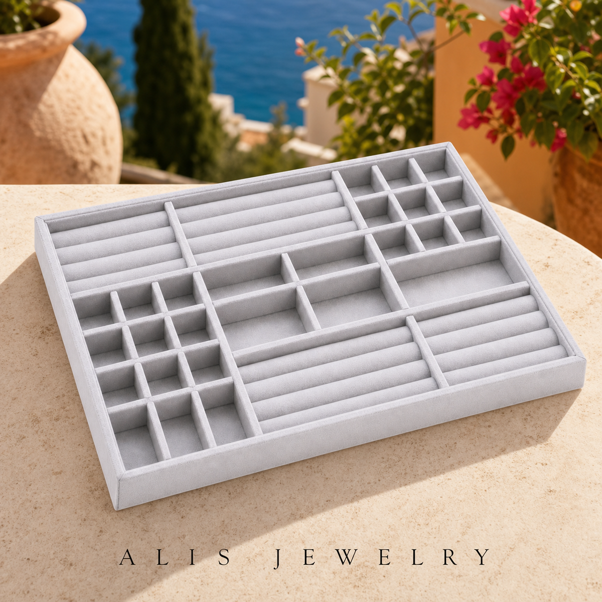 Plateau à bijoux velours — Grilles modulables - Alis Jewelry - réseaux sociaux